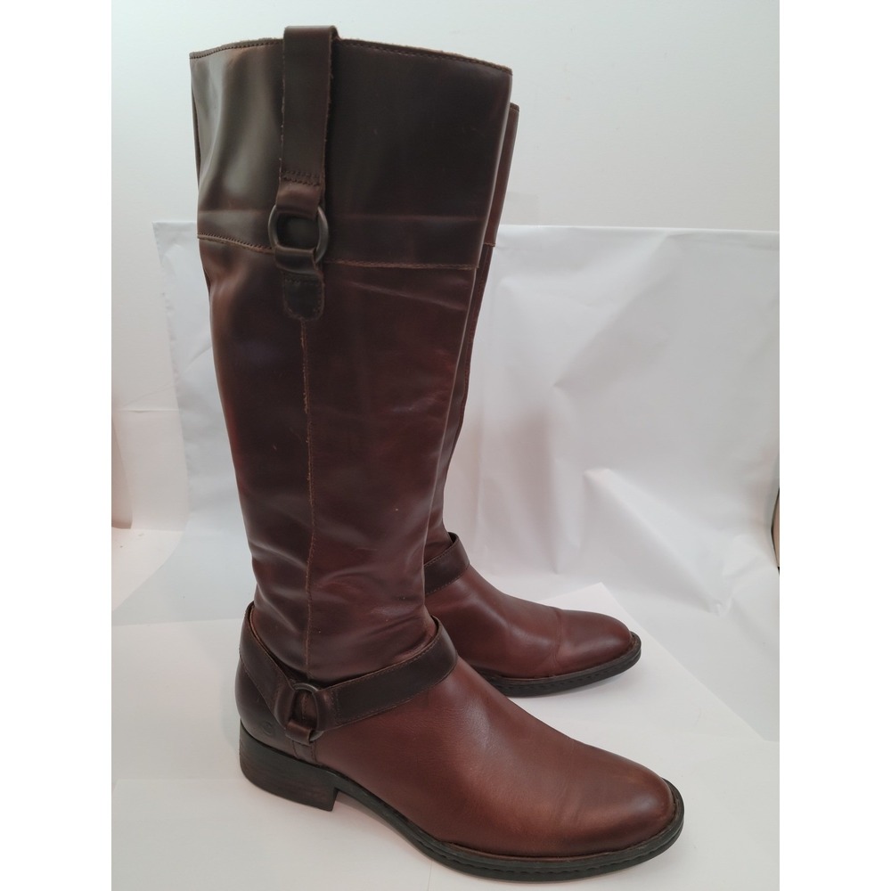 Born Riding Boots W62417 Mahogany Brown Leather Harness Tall Zip Shoes 8.5 40